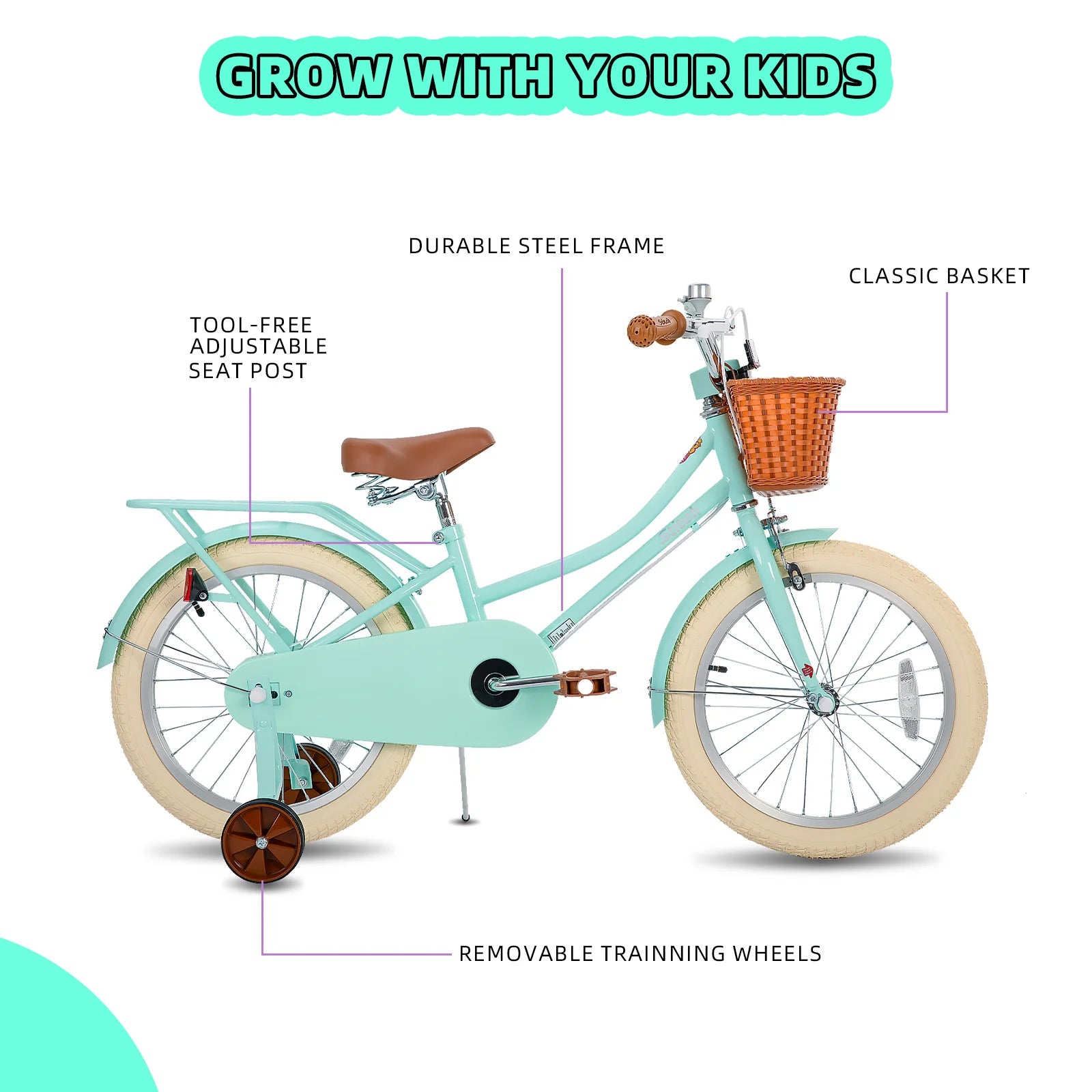18 inch children's bicycle with basket and stable wheels, suitable for girls and boys aged 2 to 9
