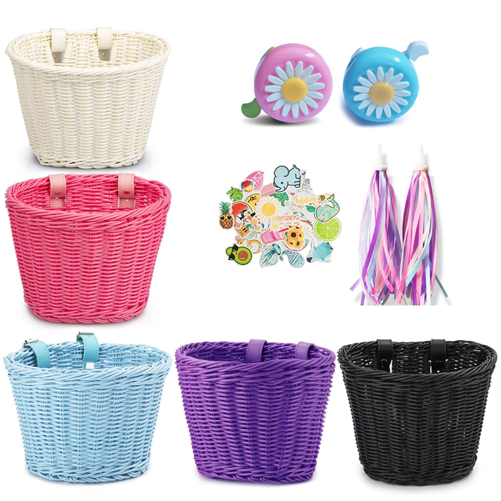 Handwoven Bicycle Front Basket Adjustable Bike Handlebar Storage Basket with Bell Tassel Stickers Set