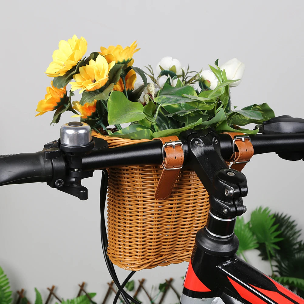 Braided Bicycle Basket Storage Pannier Bell Hand-Woven Small Bicycle Basket Bicycle Imitation Wicker Basket
